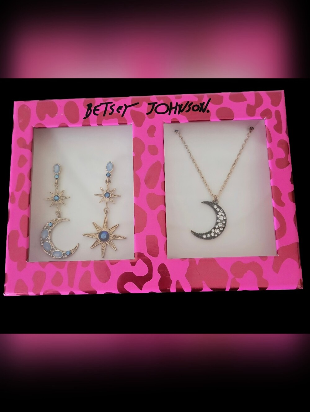 Betsey Johnson Pink and Gold Moon & Star Earring and Necklace Set NWT